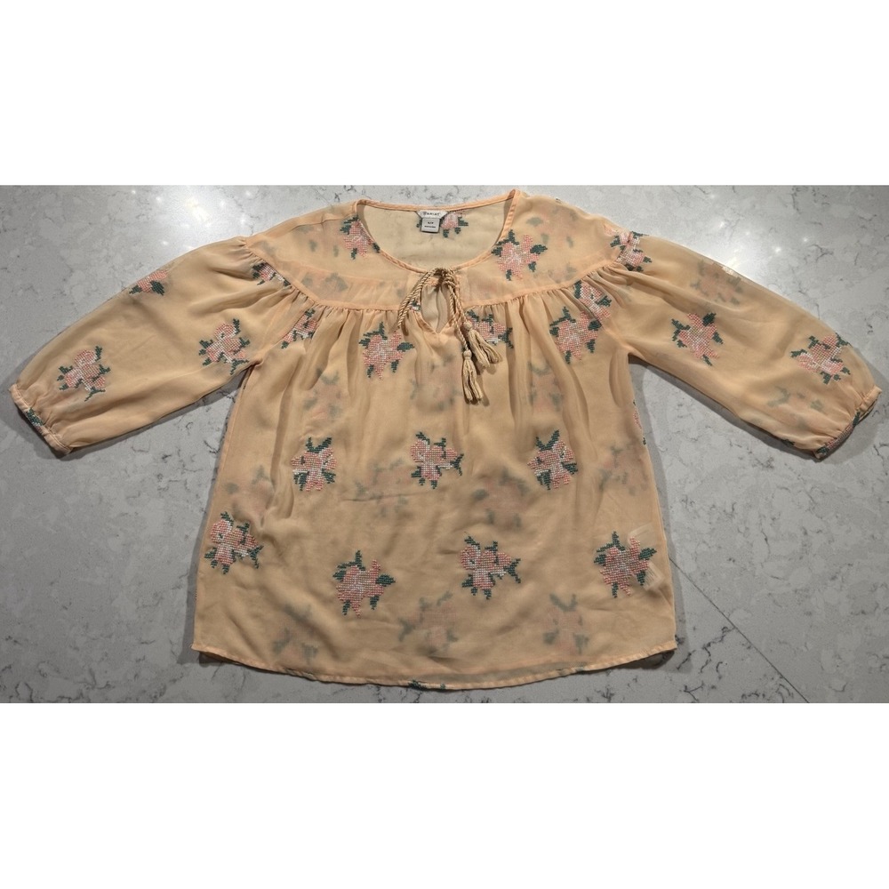 Ariat Roxanne Blouse Womens Small Pink Peach Floral 3/4 Sleeve Sheer Peasant Top
